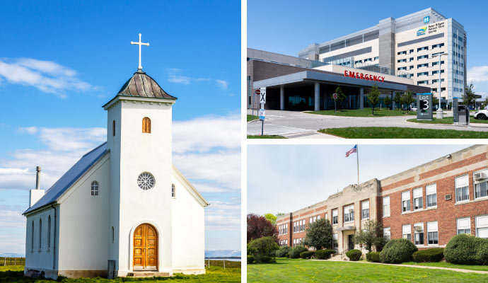Collage of church, school and hospital