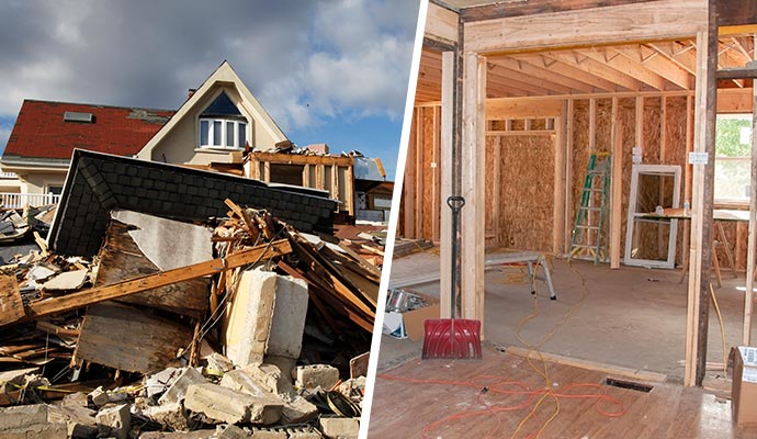 Collage of disaster damage and reconstruction service