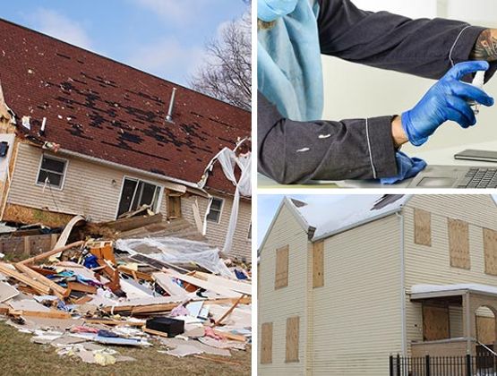 Collage of disaster damage restoration, electronic accessories cleanup and board up service