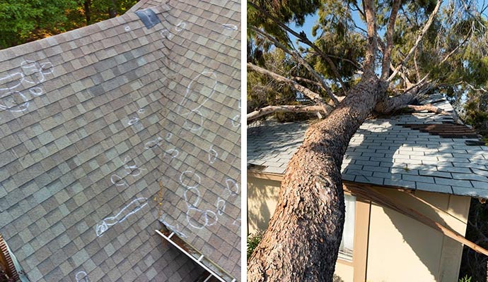 Collage of hail and wind damaged house roof