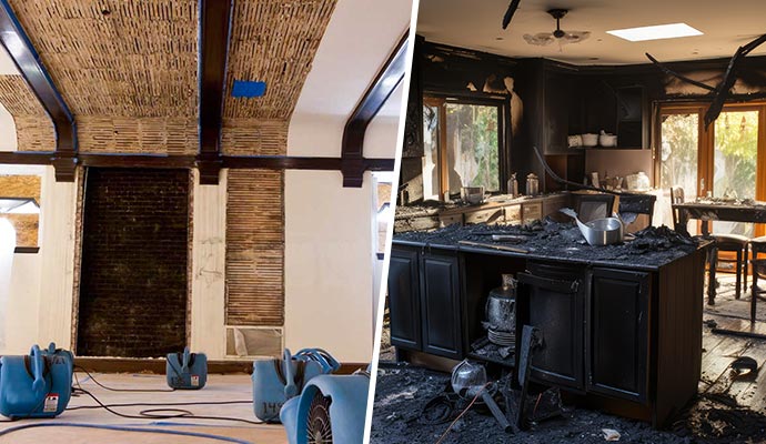 Collage of water damaged restoration and fire damaged kitchen