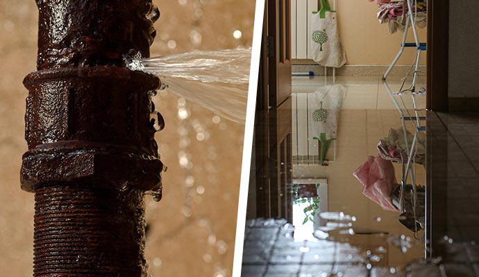 Collage of water pipe break and plumbing overflow