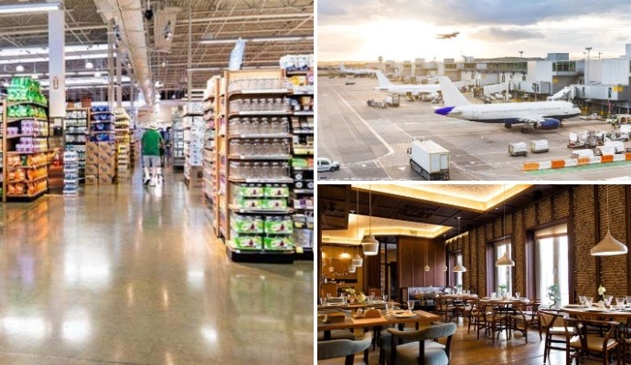 Collage of clean retail store airport and restaurants