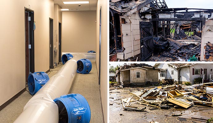 Collage image of fire, storm and water damage