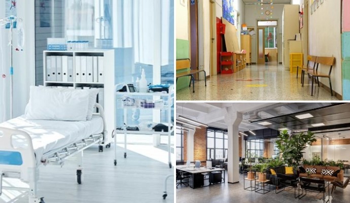 Collage of clean hospital school corridor and office space