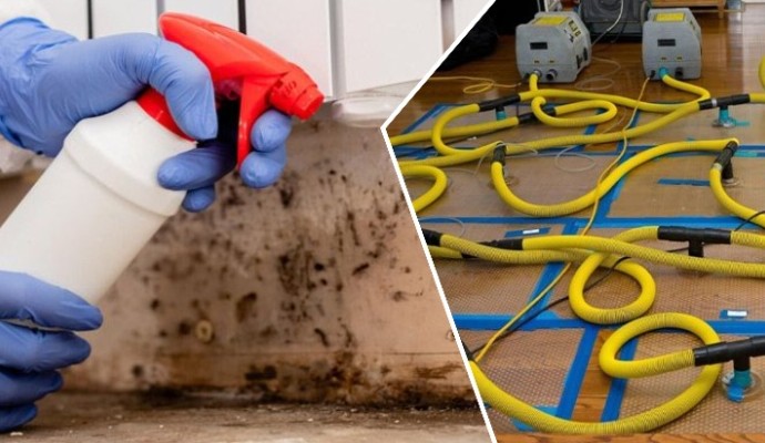 Collage of mold decontamination and water damage restoration