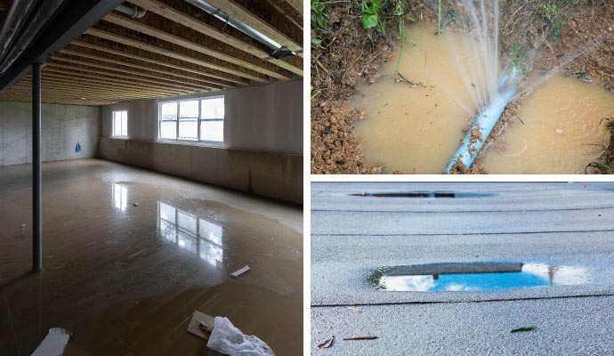 Collage of flood damage, roof leak, and broken water pipe