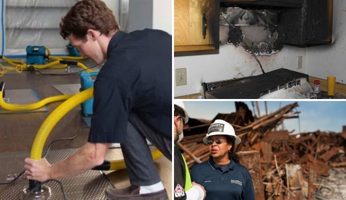Collage of water damage restoration, fire damaged kitchen and disaster damage restoration planning