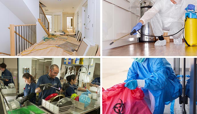 Collage of reconstruction, disinfecting service, content restoration