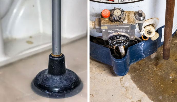 Collage of sewage overflow and appliance leak