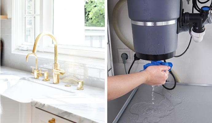 Collage-of kitchen sink and a person fixing a leak under the sink