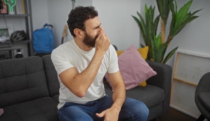 A man covering his nose due to a bad smell
